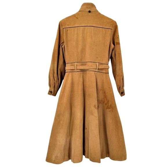 Vintage 70s Women's Trench Coat Corduroy Leather Trim Belted Brown Swing Skirt M - Picture 3 of 15